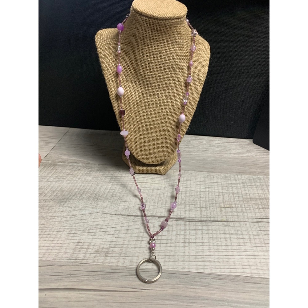 Purple Beaded Lanyard ID Badge Holder Magnetic Breakaway Necklace 32 Inch 3910